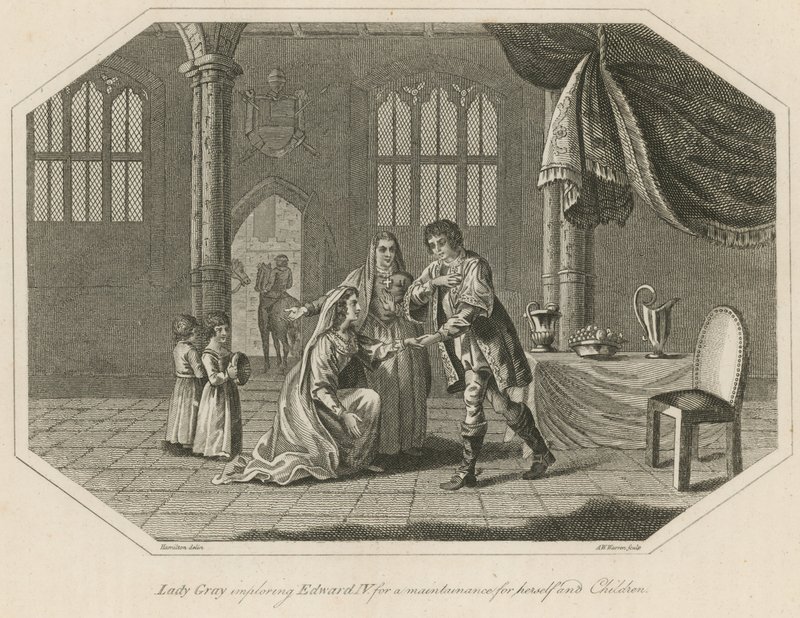 Lady Gray imploring King Edward IV for maintenance for herself and children by English School