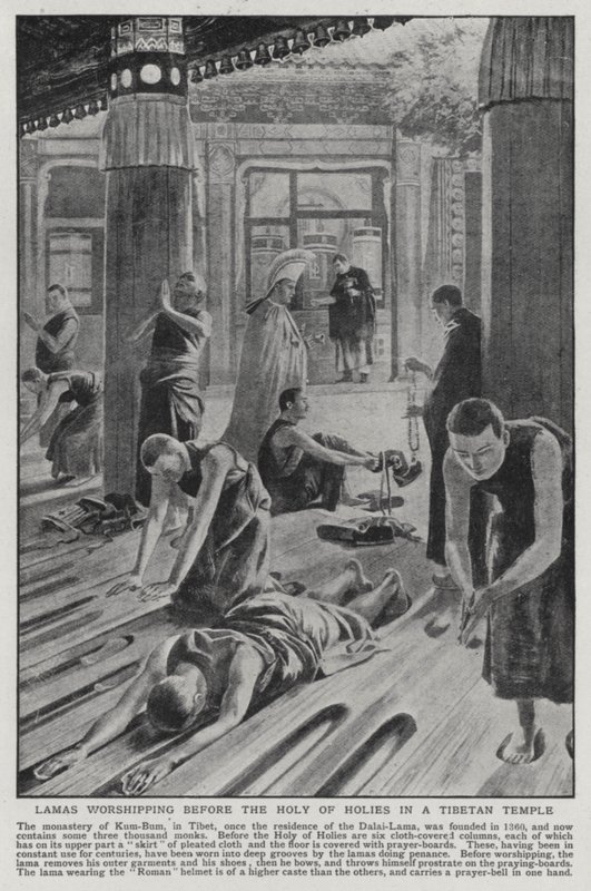 Lamas worshipping before the Holy of the Holies in a Tibetan temple (litho) by English School