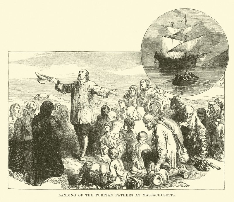 Landing of the Puritan Fathers at Massachusetts by English School