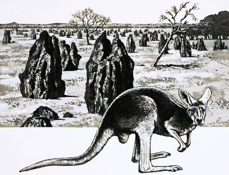 Large termite mounds near Darwin, Australia, and a kangaroo in foreground by English School