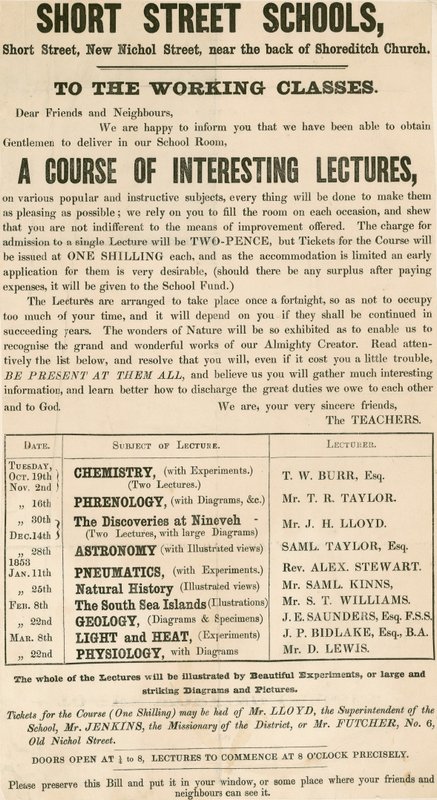 Leaflet Advertising a Course of Lectures for the Working Classes by English School