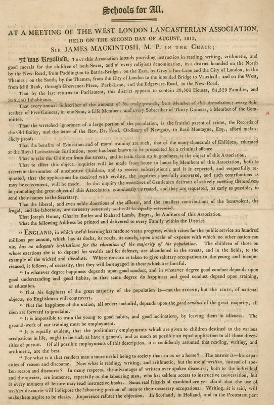 Leaflet Explaining a Resolution of the West London Lancasterian Association to Begin Providing Instruction to Children, August 1813 by English School
