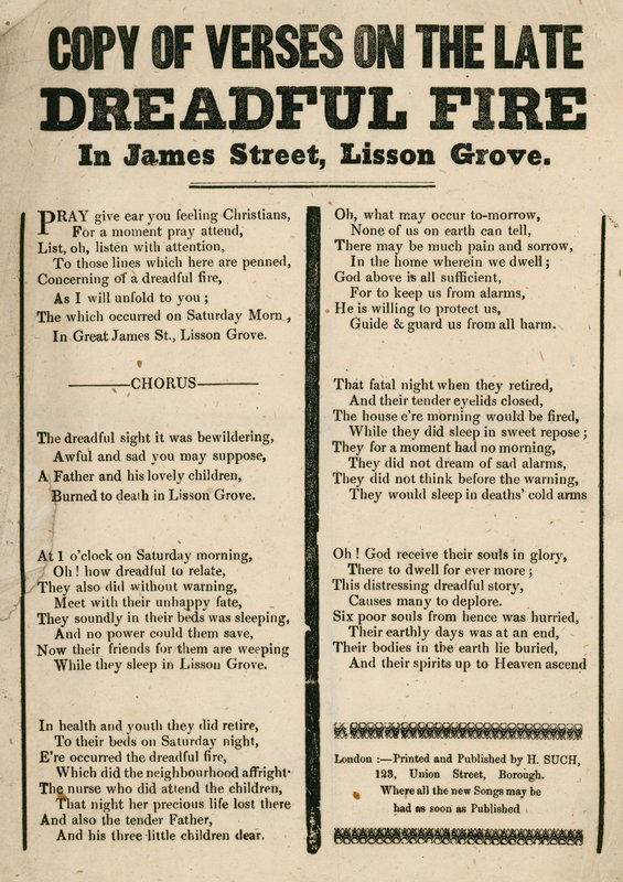 Leaflet with verse relating to a fire in James Street, Lisson Grove, London by English School
