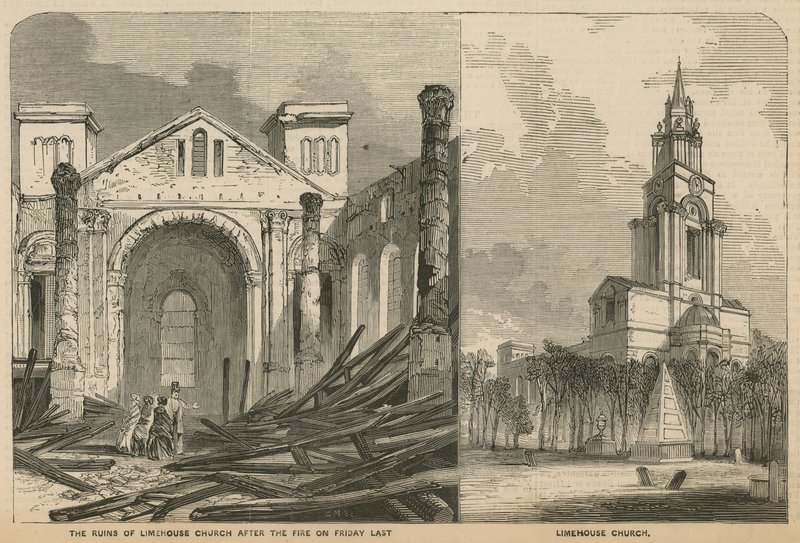 Limehouse Church Before and After the Fire by English School