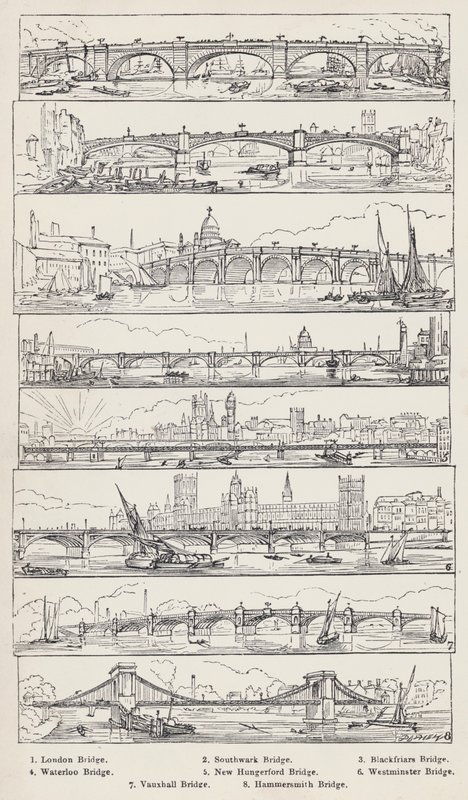 London Bridge, Southwark Bridge, Blackfriars Bridge, Waterloo Bridge, New Hungerford Bridge, Westminster Bridge, Vauxhall Bridge, Hammersmith Bridge by English School