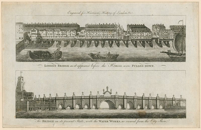 London Bridge Before the Houses Were Pulled Down, and in Its Present State by English School