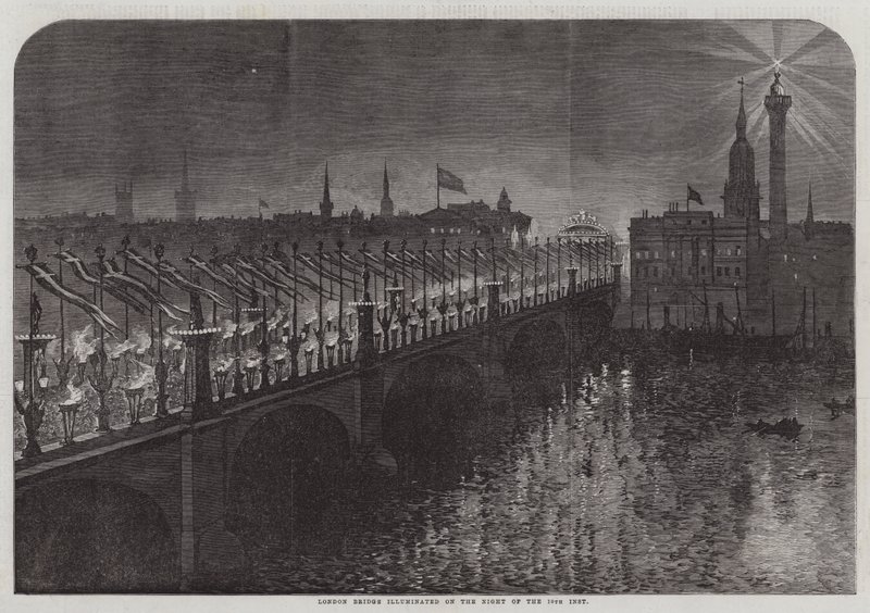 London Bridge illuminated on the Night of the 10th Inst by English School