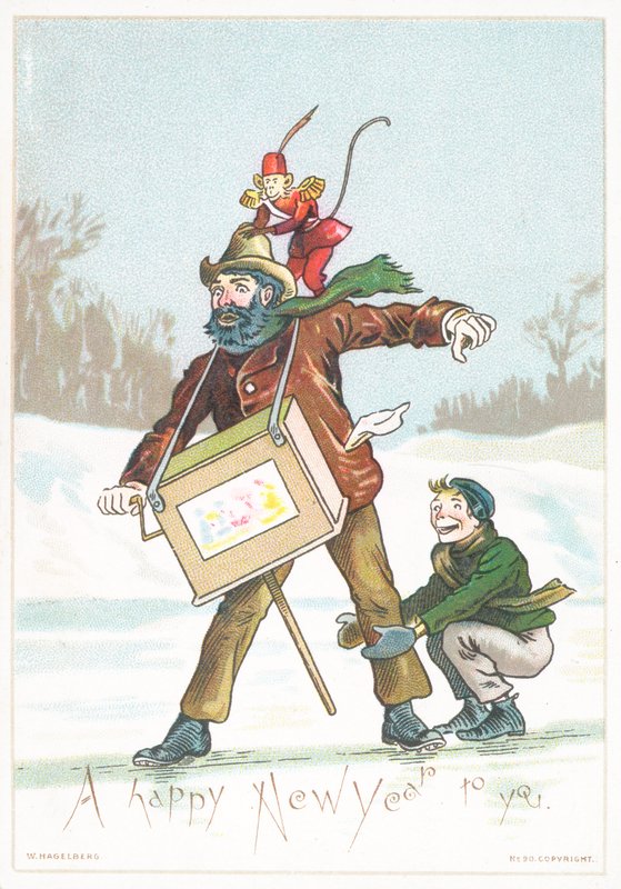 Man, Boy and Monkey Slipping on Ice by English School