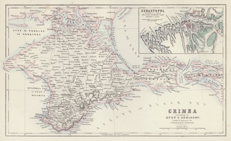 Map: Crimea, according to Huot and Demidoff, drawn and engraved by J Bartholomew, Edinburgh; Sebastopol, according to a reduced original Russian Plan published at Berlin by English School