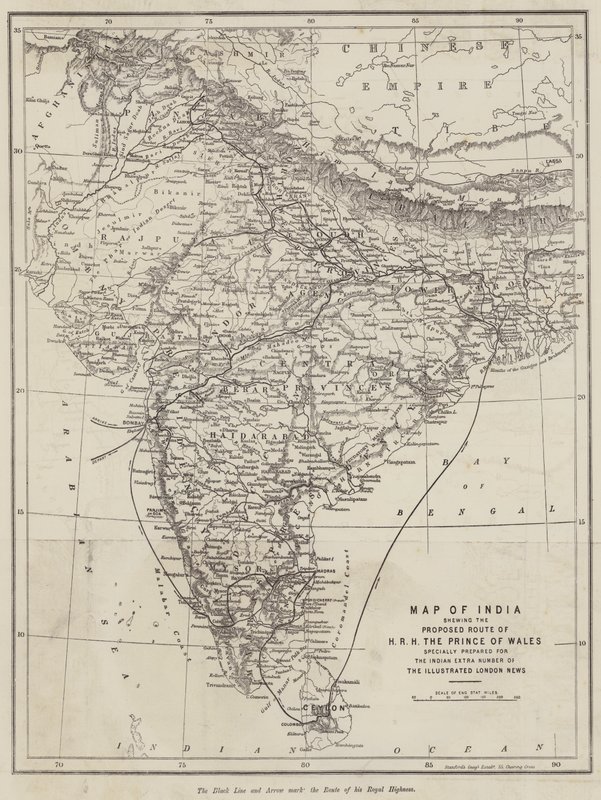Map of India showing the Proposed Route of HRH the Prince of Wales by English School