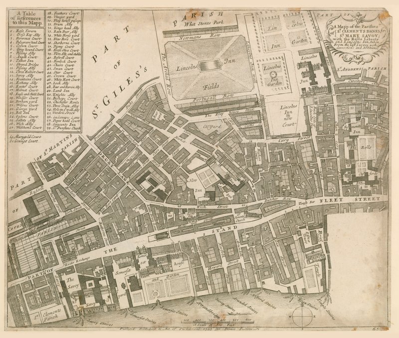 Map of St Clements Danes and St Mary Savoy, London, with the Rolls Liberty and Lincolns Inn by English School