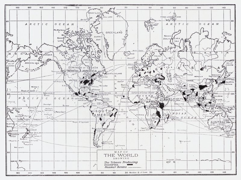 Map of the world showing the tobacco producing countries by English School