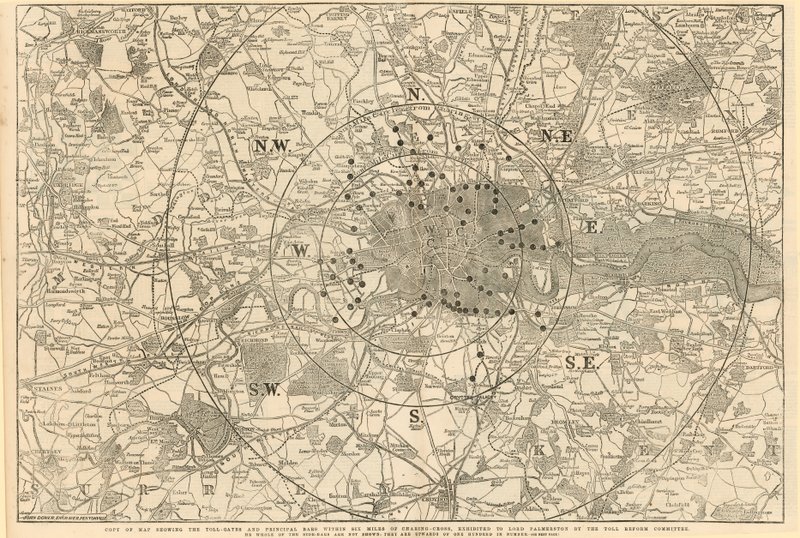 Map Showing the Toll Gates and Principal Bars Within 6 Miles of Charing Cross, Exhibited to Lord Palmerston by the Toll Reform Committee by English School