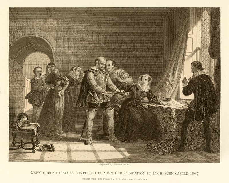 Mary Queen of Scots Compelled to Sign Her Abdication in Lochleven Castle by English School