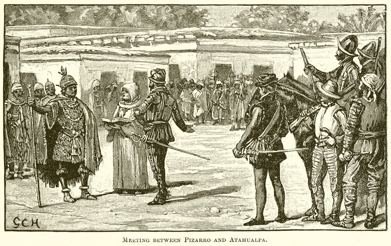 Meeting between Pizarro and Atahualpa by English School