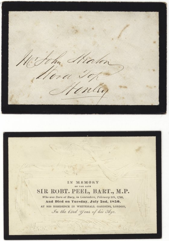 Memorial card in memory of the late Sir Robert Peel by English School