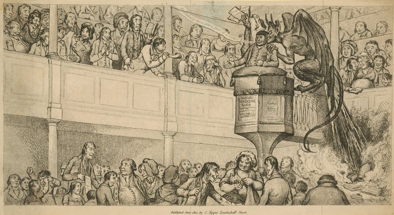 Methodist preacher at lecture with demon at shoulder by English School
