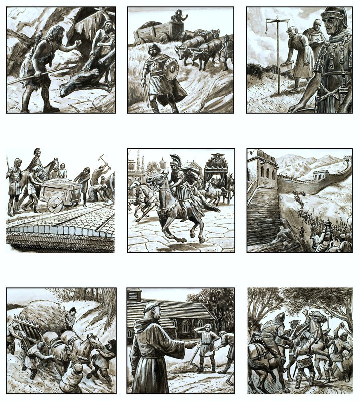 Montage of pictures about the history of roads by English School
