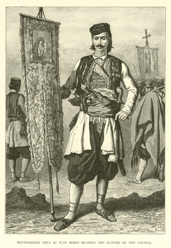 Montenegrin Popa in War Dress Bearing the Banner of the Church by English School
