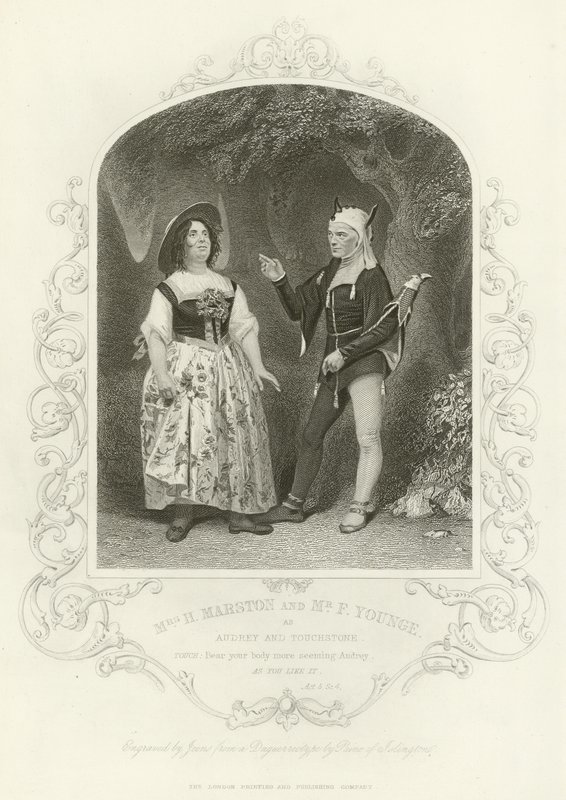 Mrs H Marston and F Younge as Audrey and Touchstone, As You Like It, Act V, Scene IV by English School