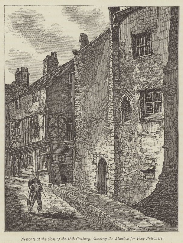 Newgate at the close of the 18th Century, showing the Almsbox for Poor Prisoners by English School