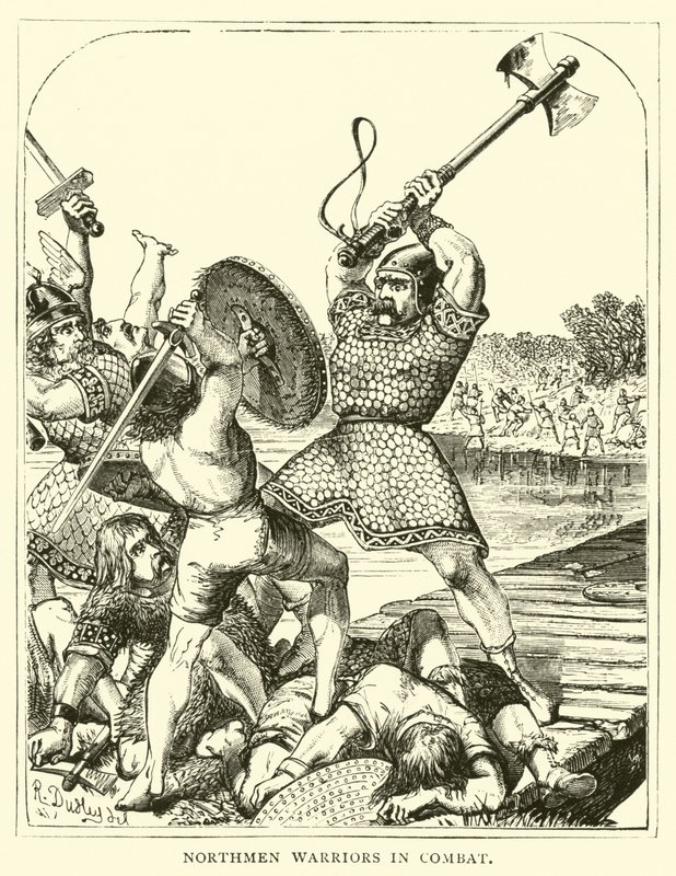 Northmen warriors in combat by English School
