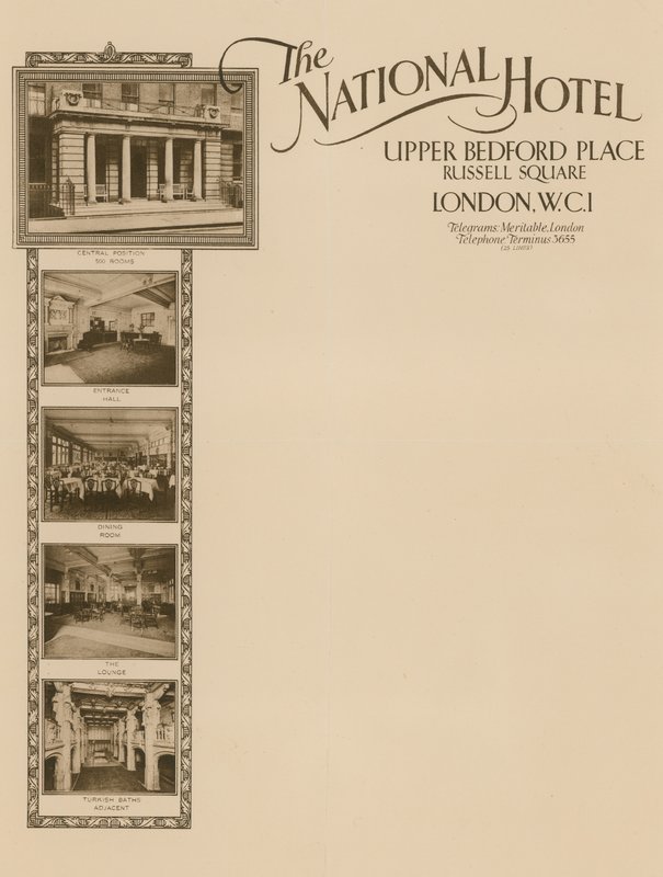 Notepaper from The National Hotel, Upper Bedford Place, Russell Square by English School