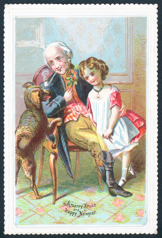 Old Gentleman Sitting in Chair with Girl and Dog by English School