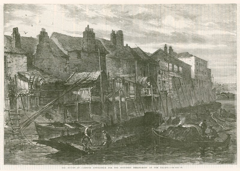 Old Houses at Lambeth Demolished for the Southern Embankment of the River Thames by English School