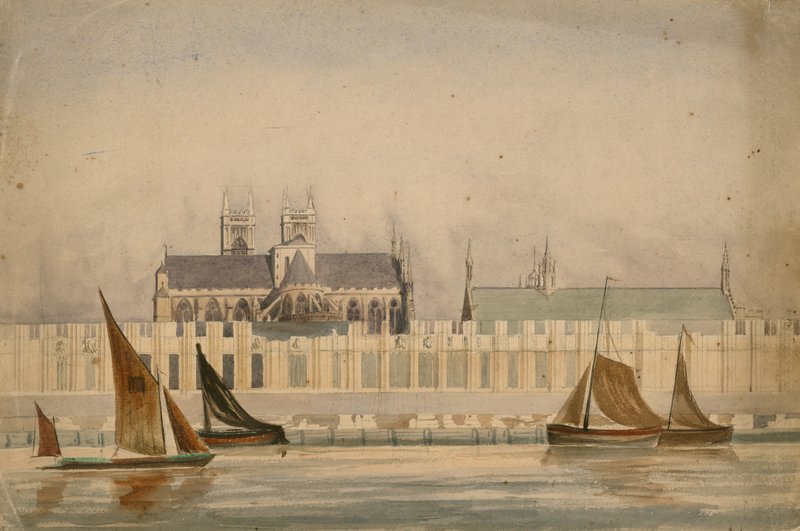 Original Watercolour Drawing of the Houses of Parliament Being Built About 1842 by English School