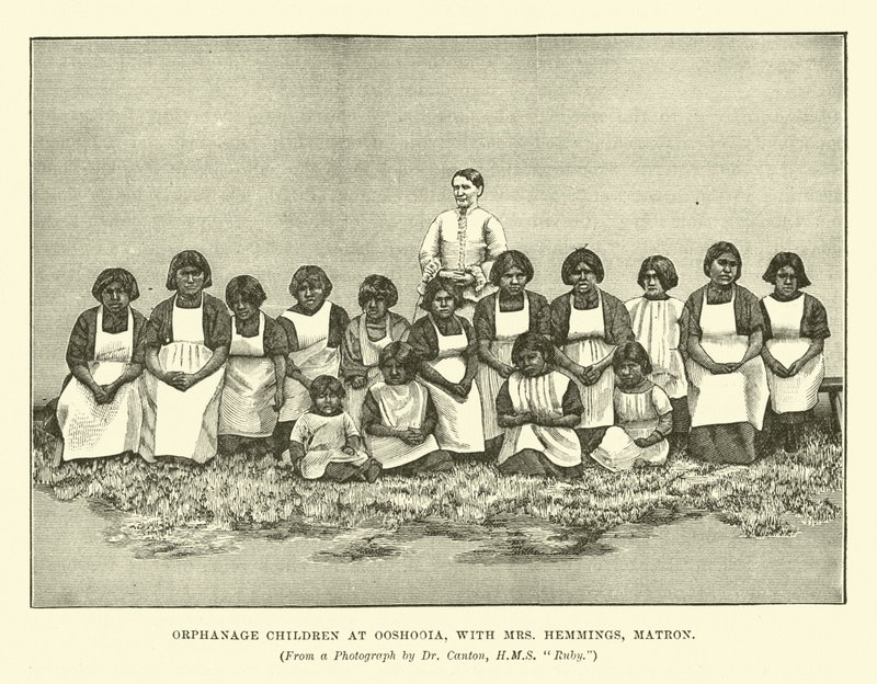 Orphanage Children at Ooshooia, with Mrs Hemmings, Matron by English School