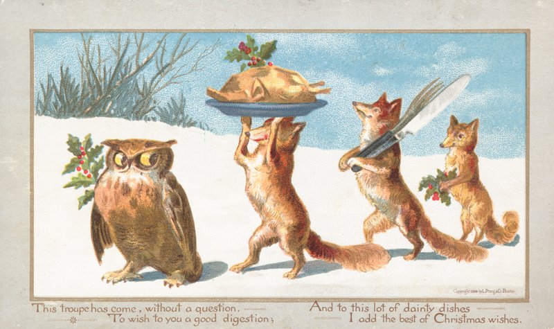 Owl and Foxes carrying Christmas Feast by English School