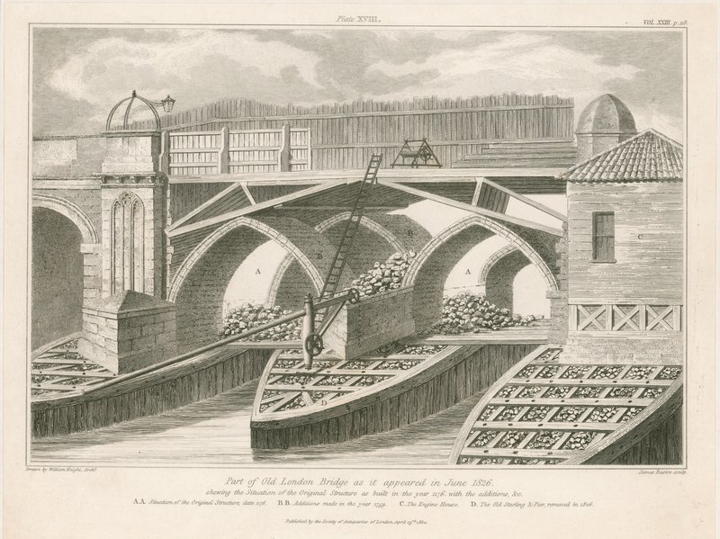Part of Old London Bridge as it appeared in June 1826 by English School