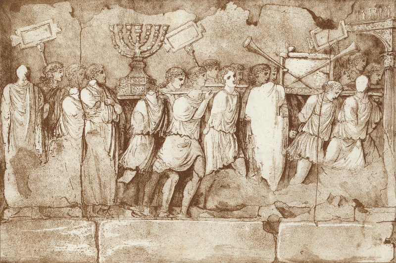 Part of a frieze on the Arch of Titus in Rome, showing Jewish prisoners carrying artefacts from Jerusalem by English School
