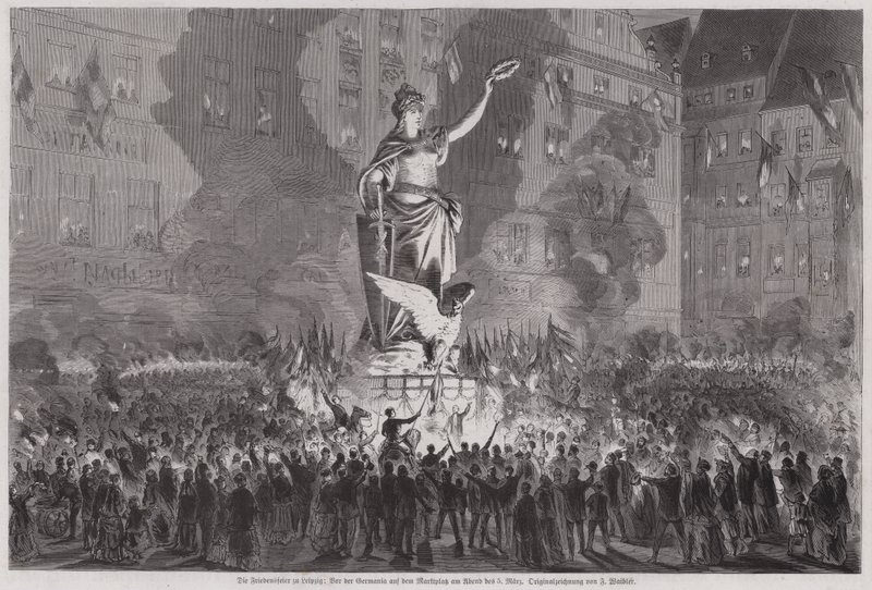 Peace celebrations before the statue of Germania in the market square of Leipzig, Germany, on the evening of 5 March 1870 by English School