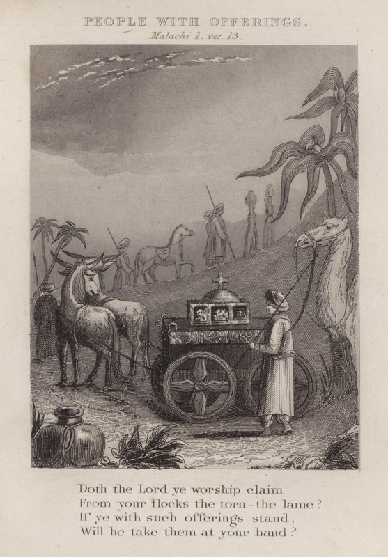 People with Offerings, Malachi I, ver 13 (engraving) by English School