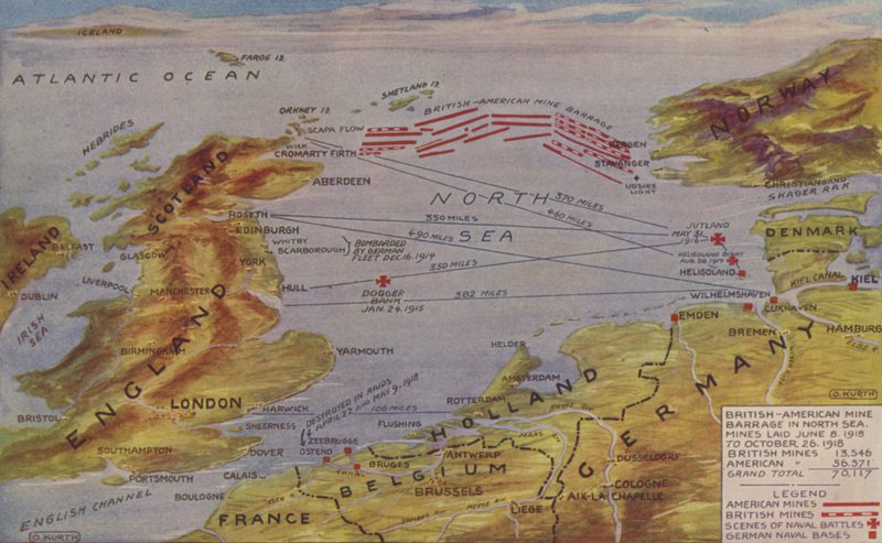 Perspective Map Showing the Location of the North Sea Mine Barrage, the Scene of the Principal Naval Actions, and the German Naval Bases by English School