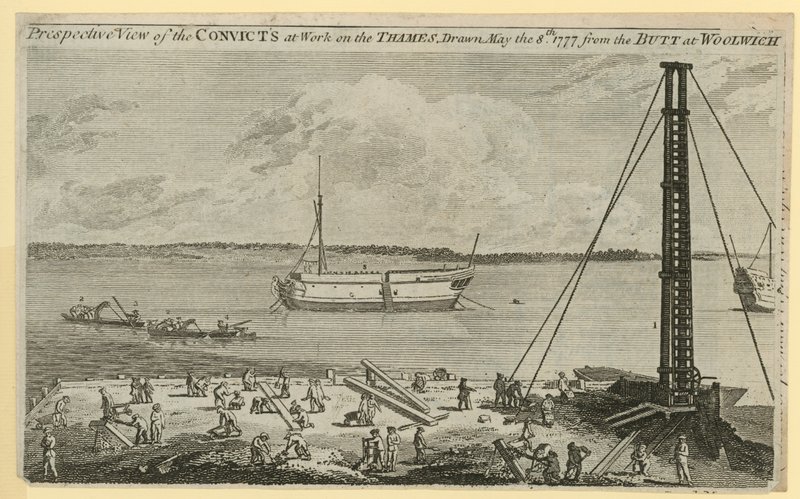 Perspective view of the convicts at work on the Thames by English School
