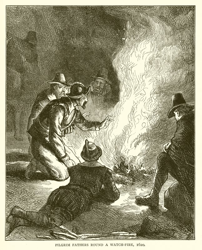 Pilgrim Fathers Round a Watch-Fire, 1620 by English School