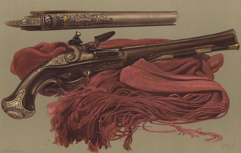 Pistol of Sir Ralph Abercrombie, and sash by which the body of Sir John Moore was lowered to his grave by English School
