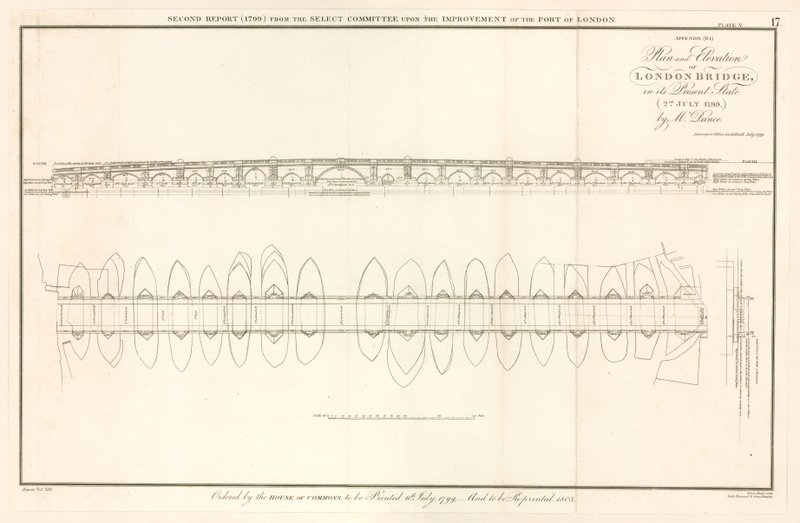 Plan and Elevation of London Bridge as at 2 July 1799 by English School