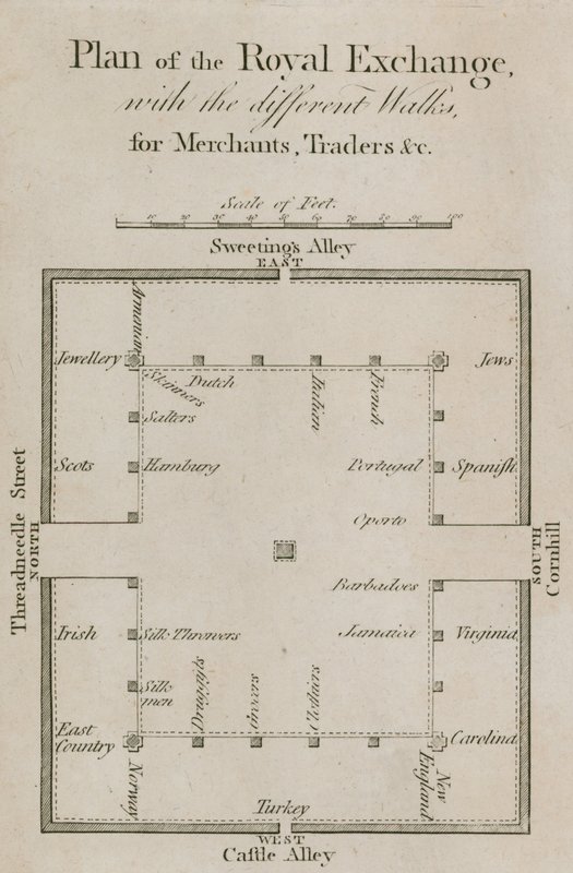 Plan of the Royal Exchange with the Different Walks for Merchants, Traders, etc. by English School