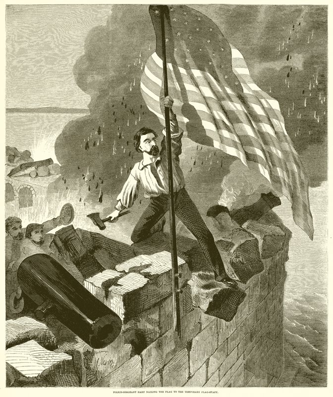 Police-Sergeant Hart Nailing the Flag to the Temporary Flag-Staff by English School