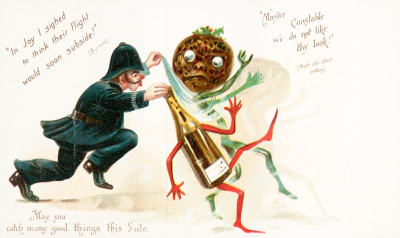 Police Constable Chasing Christmas Pudding and Bottle of Wine, Christmas Card by English School