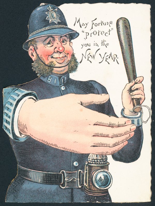 Policeman Holding Truncheon with Large Hand, New Year Card by English School