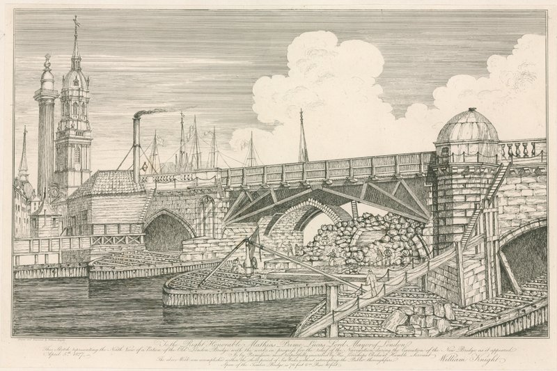Portion of the Old London Bridge, Drawn in 1827 During Construction Works by English School
