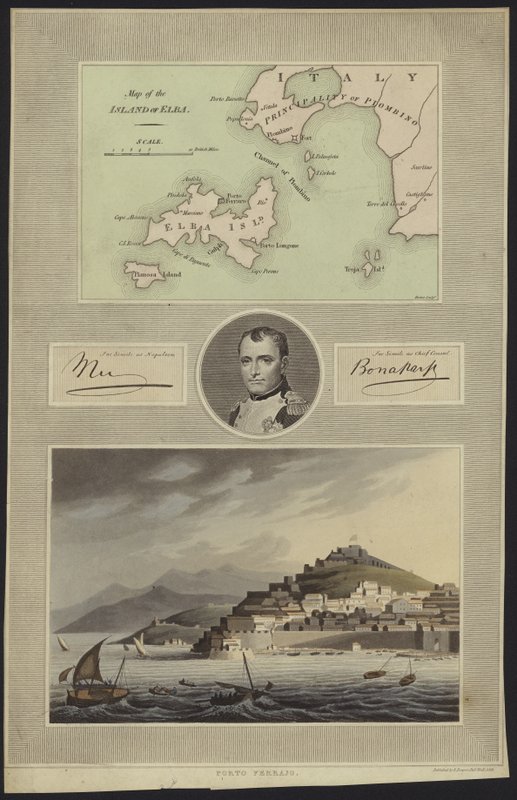Portrait of Napoleon Bonaparte with a Map and a View of Elba by English School