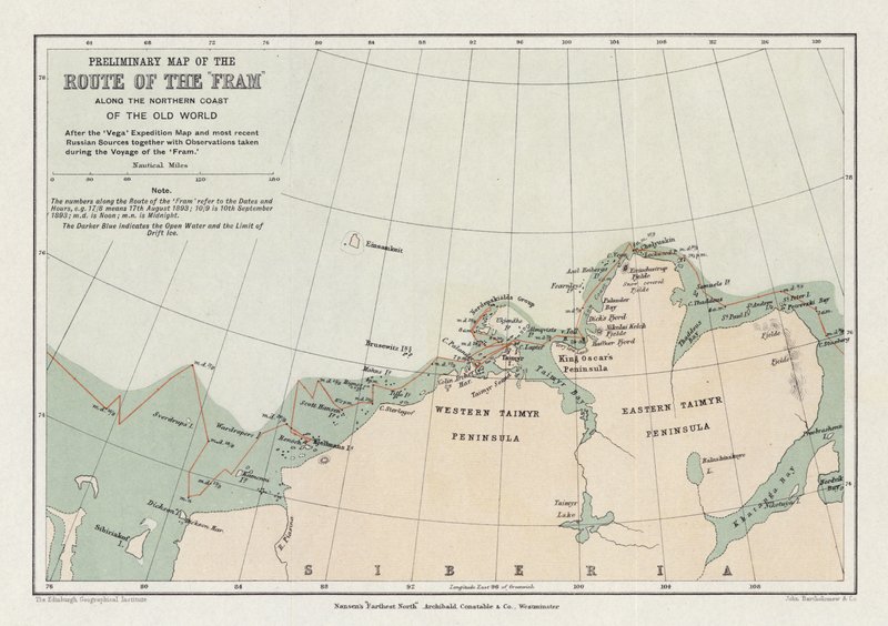 Preliminary map of the route of the Fram along the northern coast of the old world by English School