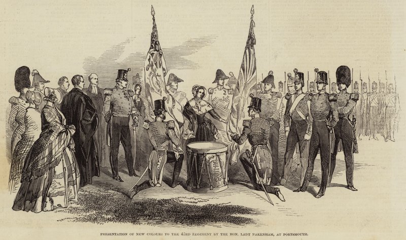 Presentation of New Colours to the 43rd Regiment by the Honourable Lady Pakenham, at Portsmouth (engraving) by English School