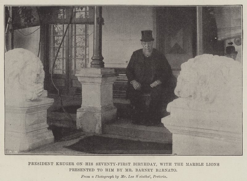 President Kruger on his Seventy-First Birthday, with the Marble Lions presented to him by Mr Barney Barnato by English School